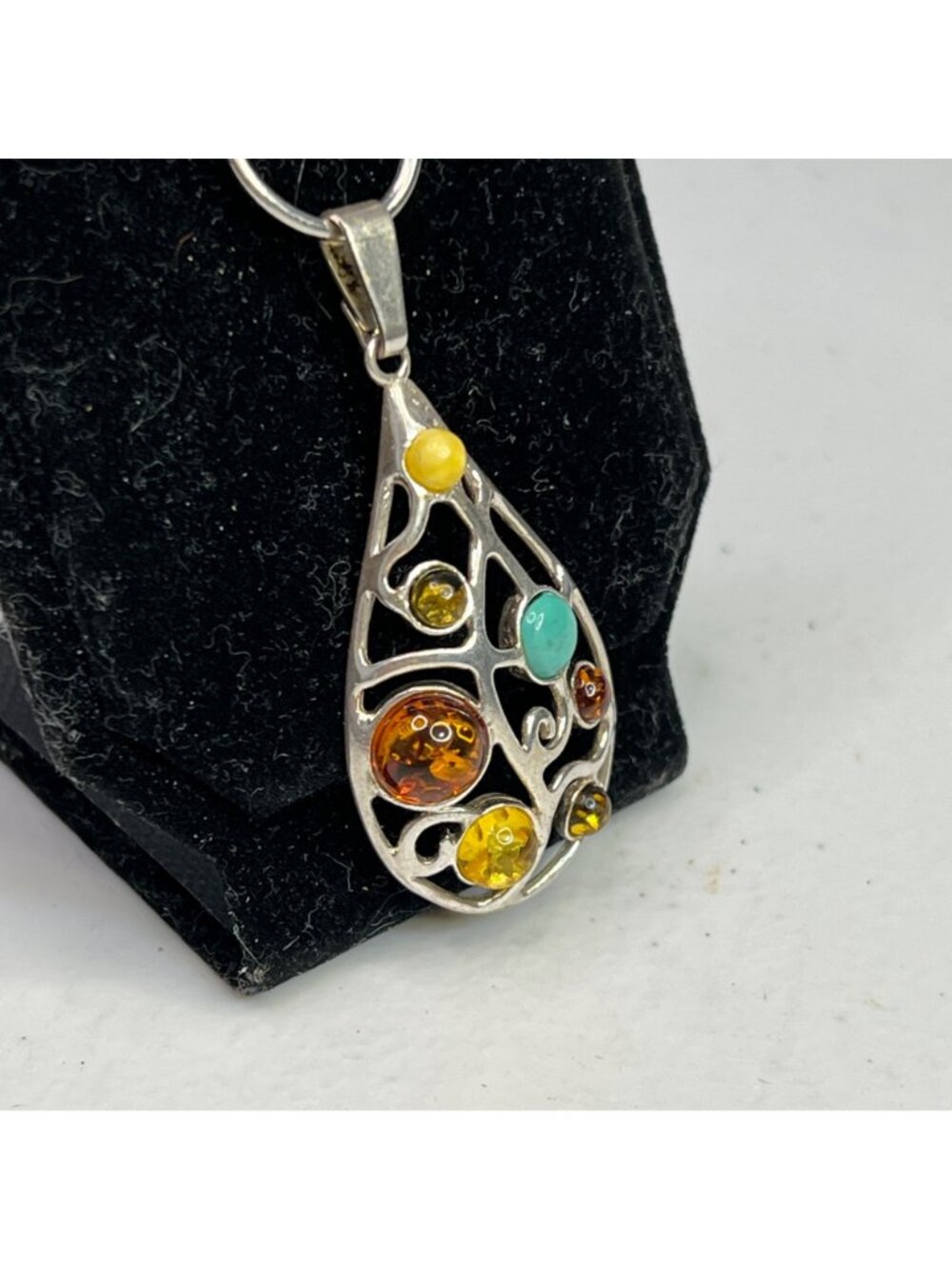 Teardrop Sterling Silver Pendant W/ Multi-Color Amber Stones & Turquoise Accent - Picture 3 of 12